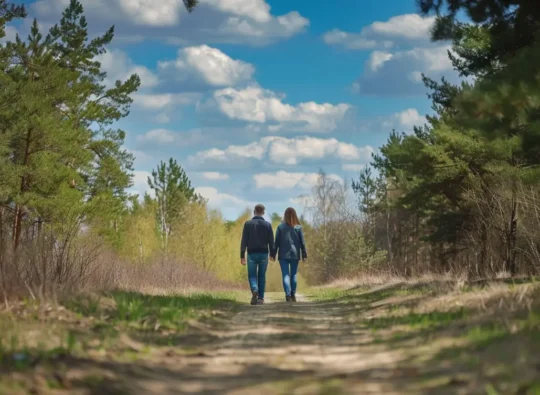 Vyras ir žmona vaikšto miške